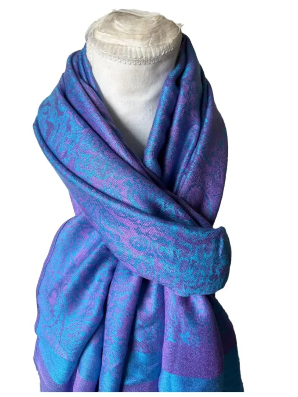Boho Paisley Pashmina Shawl Scarf – Vibrant Purple & Turquoise Blue – Oversized